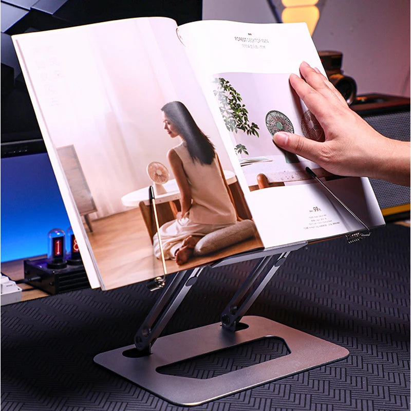 MUMUCC Multifunctional Foldable And Adjustable Aluminum Alloy Reading Stand With Spring Clip For Laptops, Tablets & Thick Books