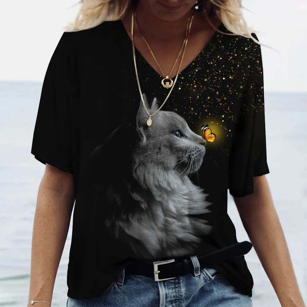 Fashion Women's T-shirt Cat Printed Short Sleeve Female Harajuku Tees Ladies T Shirt Oversized V-neck Tops Animal Women Clothing