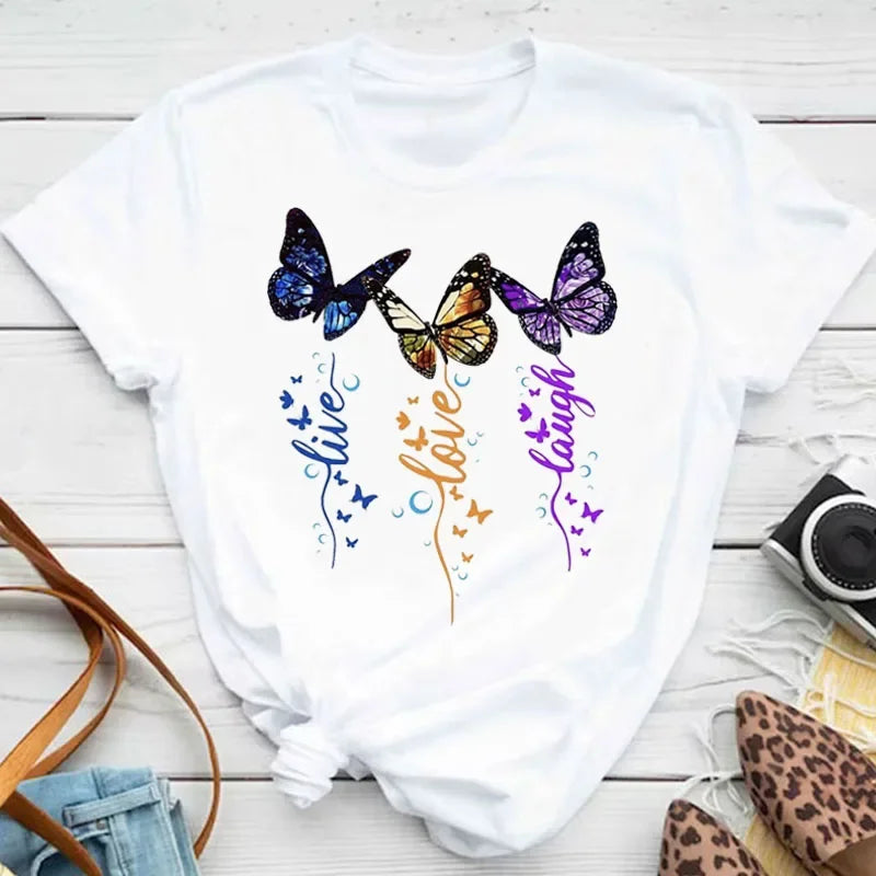 Women's Colorful Butterfly Petal Print T-Shirt, Short Sleeve, Round Neck, Cute Graphic Tee Shirts, Female Tops Clothes