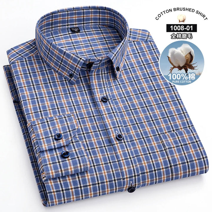 S~7Xl Large Size Men's Classic Brushed Plaid Long-Sleeved Shirt High-Quality Pure Cotton Casual All-Match Shirt Men's Clothing