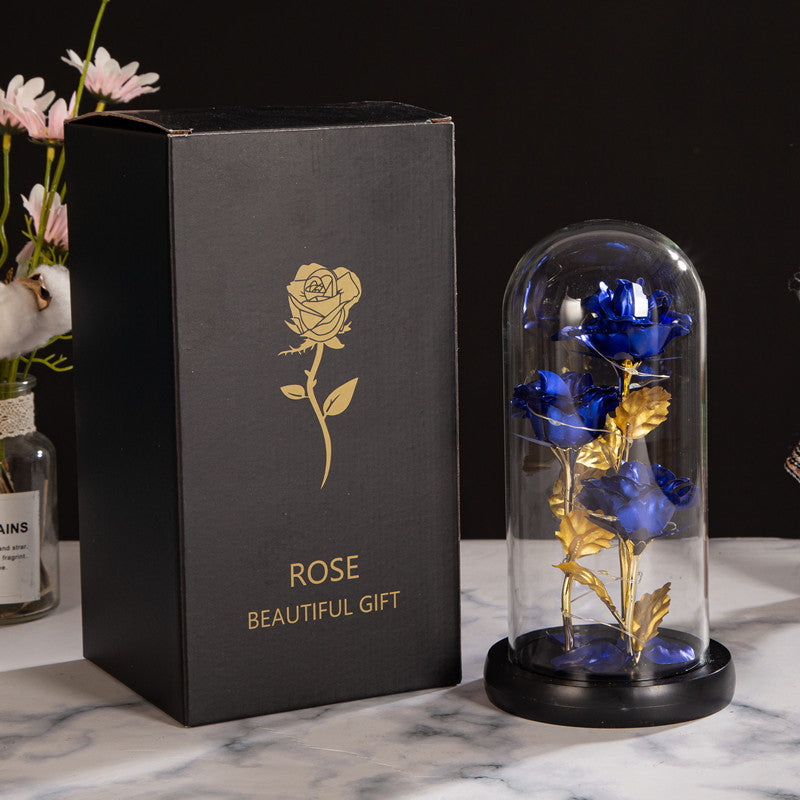 Valentine's Mother's Day Gift: Three Glass Cover Gold Foil Roses Ornament, Eternal Flower LED Night Light