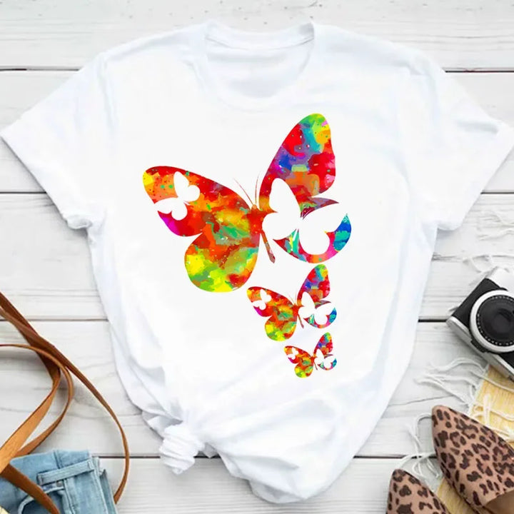 Women's Colorful Butterfly Petal Print T-Shirt, Short Sleeve, Round Neck, Cute Graphic Tee Shirts, Female Tops Clothes