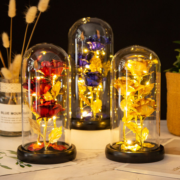 Valentine's Mother's Day Gift: Three Glass Cover Gold Foil Roses Ornament, Eternal Flower LED Night Light