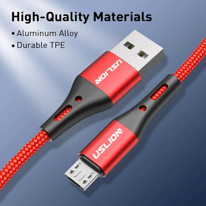 USLION 3A Micro USB Cable Fast Charge USB Data Cable Cord for Samsung S6 Xiaomi Redmi Android Micro usb Cable Mobile Phone Red