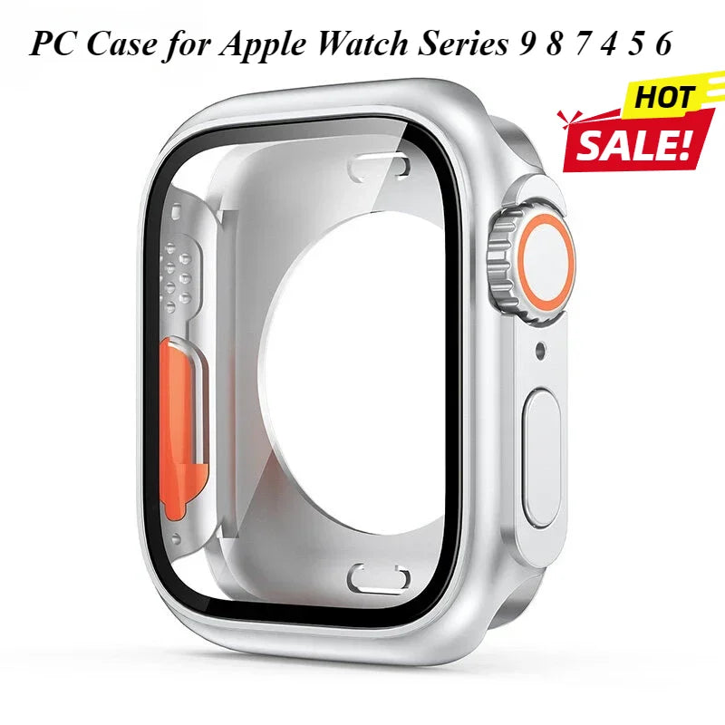 PC Case for Apple Watch Series 9 8 7 4 5 6 SE 45 44 Screen Protector Hard Shell Tempered Glass Change To Ultra 49mm cover Bumper