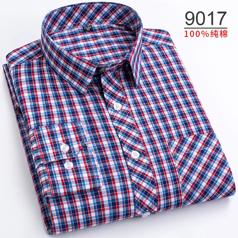 Plus Size S-8XL Men's Plaid Shirt Long Sleeve 100% Cotton Casual Slim Buttons Business Social Dress Shirts Blouse Men Clothing