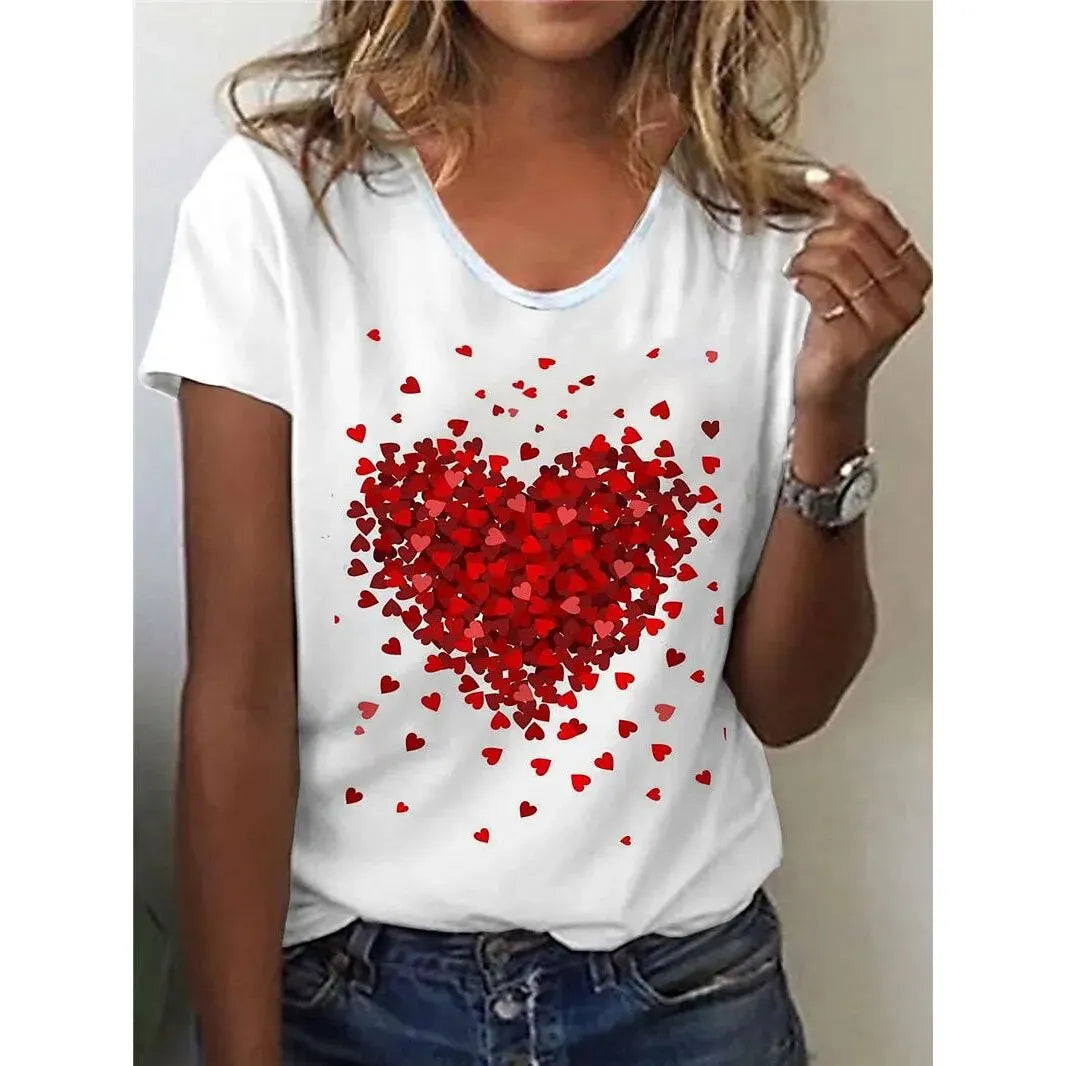 Women Heart Print T-Shirt For Valentine's Day Gifts, Crew Neck Short Sleeve T-Shirt, Casual Every Day Tops, Women's Clothing