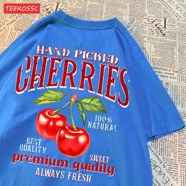 Fashion Cotton Women'S T-Shirts Hand Picked Cherries Printing Tops Oversize Crewneck Soft Short Sleeve Street Female Clothes