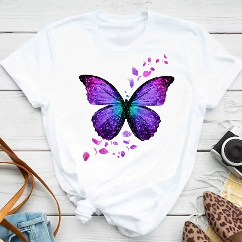 Women's Colorful Butterfly Petal Print T-Shirt, Short Sleeve, Round Neck, Cute Graphic Tee Shirts, Female Tops Clothes