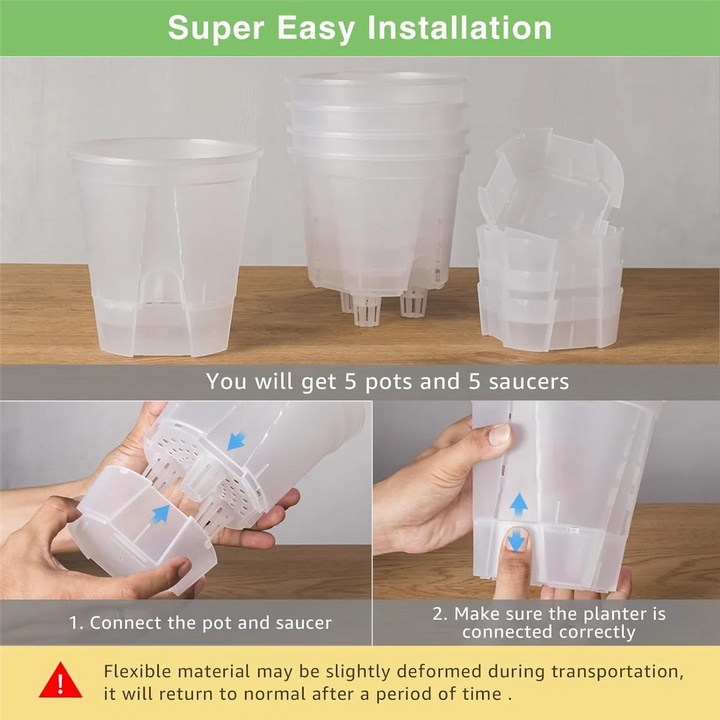 6 Inch Transparent Plastic Garden Pots Self Watering , 5 Pack Plastic Nursery Plant Pots with Deep Reservior