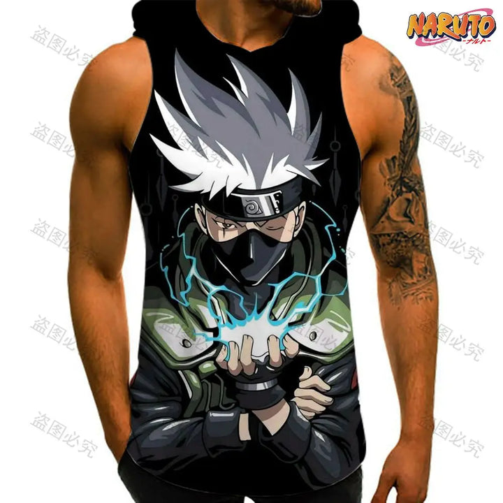 Anime Man Sleeveless Shirt Hooded Vest Trend Men's Clothes Naruto High Quality Gym Clothing 2024 Bodybuilding Fashion T-shirts