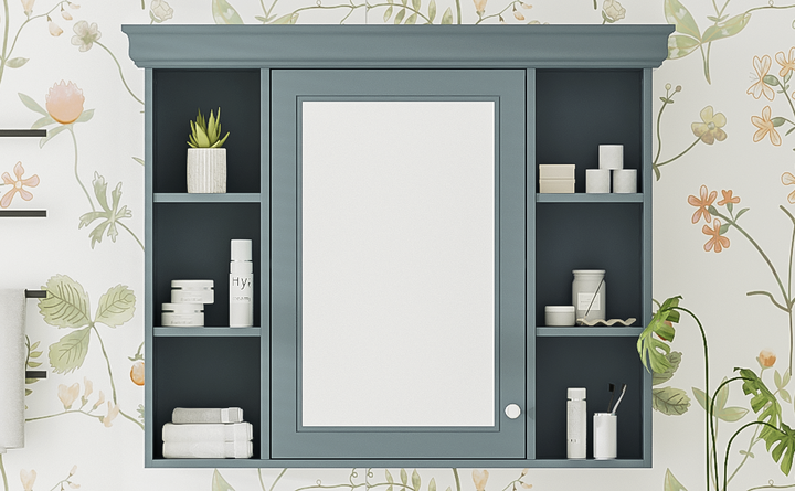 35 ''x 28' 'blue wall mounted bathroom storage cabinet with mirror door and medication cabinet with 6 open shelves