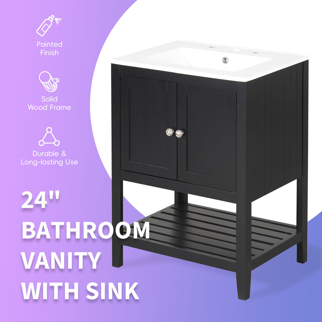 24 inch Modern Black Bathroom Cabinet With Ceramic Sink & Solid Wood Frame