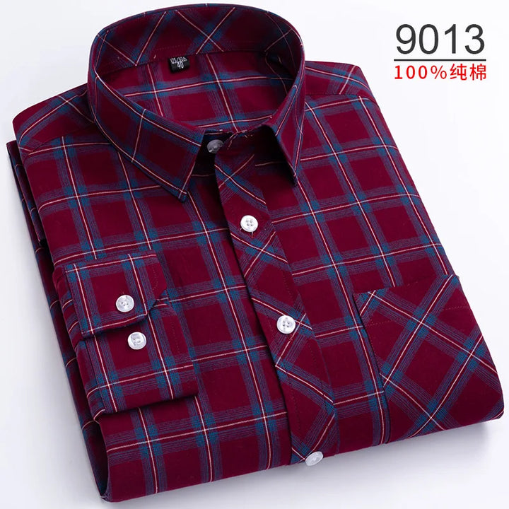 Plus Size S-8XL Men's Plaid Shirt Long Sleeve 100% Cotton Casual Slim Buttons Business Social Dress Shirts Blouse Men Clothing