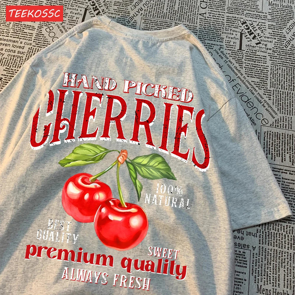 Fashion Cotton Women'S T-Shirts Hand Picked Cherries Printing Tops Oversize Crewneck Soft Short Sleeve Street Female Clothes