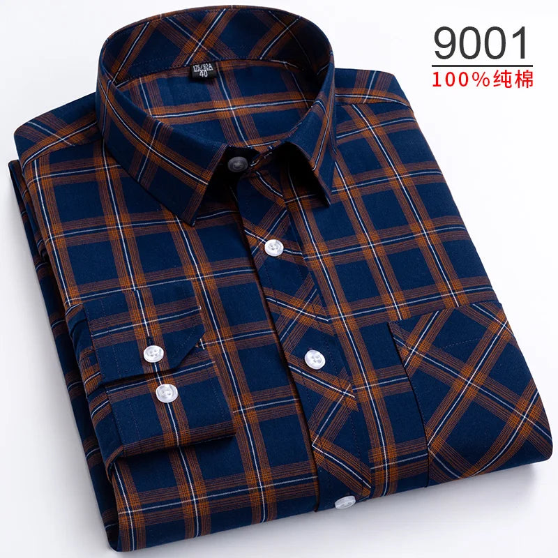 Plus Size S-8XL Men's Plaid Shirt Long Sleeve 100% Cotton Casual Slim Buttons Business Social Dress Shirts Blouse Men Clothing