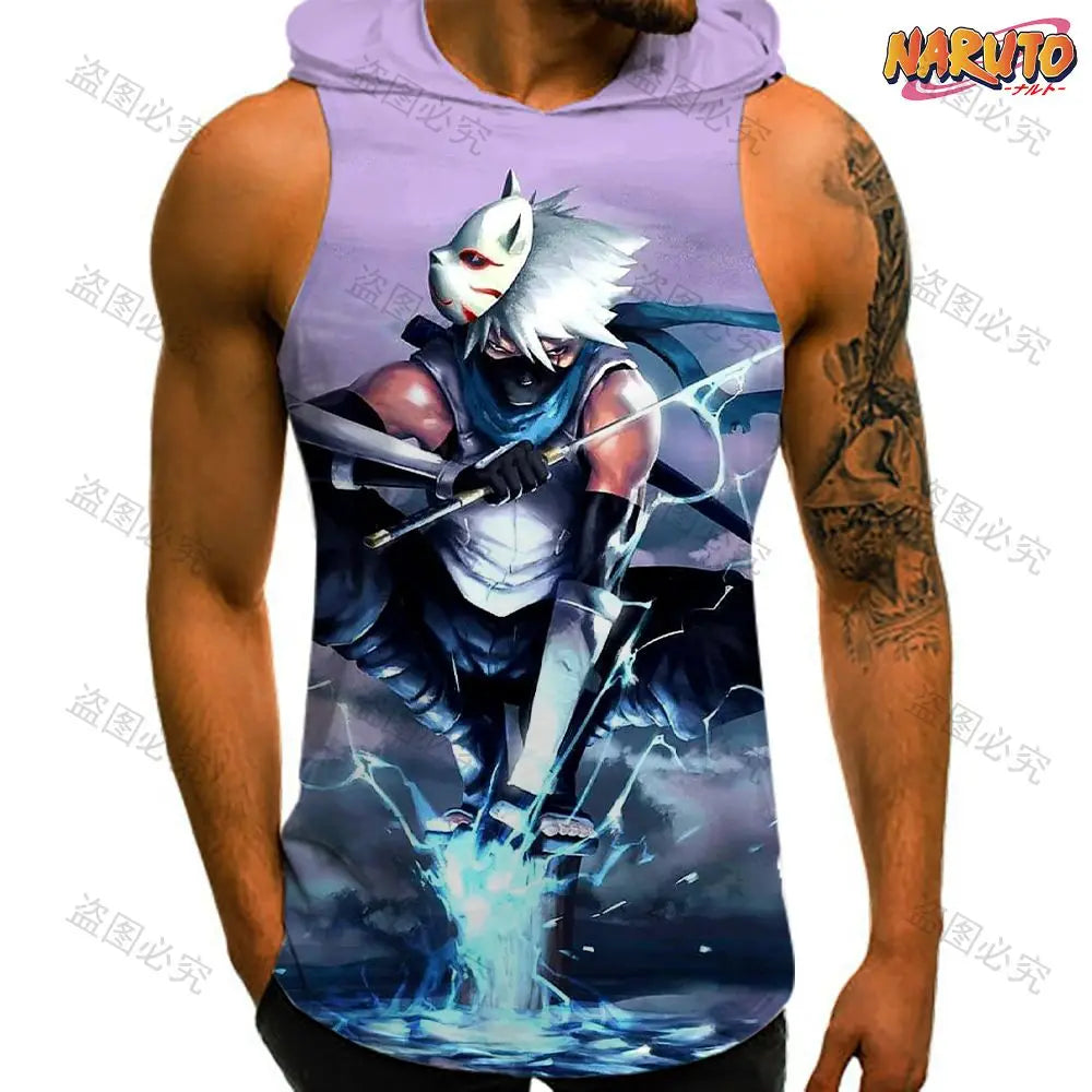 Anime Man Sleeveless Shirt Hooded Vest Trend Men's Clothes Naruto High Quality Gym Clothing 2024 Bodybuilding Fashion T-shirts