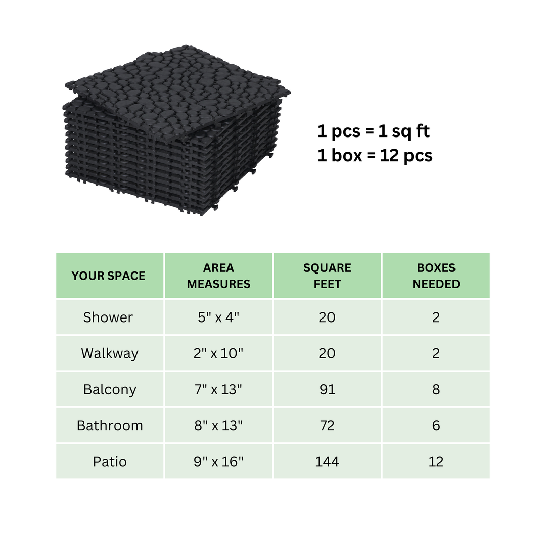 12x12 Inch Black Interlocking Waterproof Snap On Deck Tiles Pebble Pattern (Pack of 12)