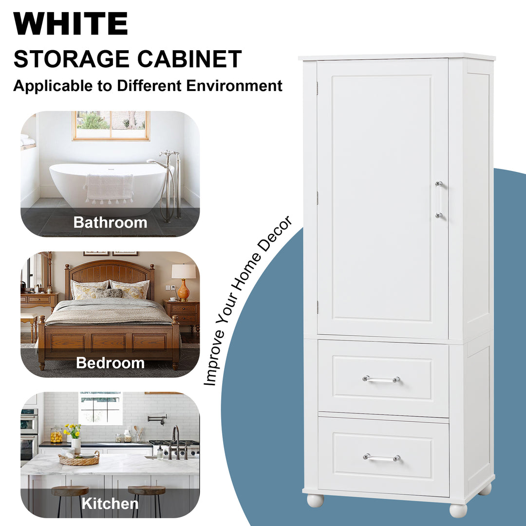 Tall bathroom storage cabinet with two drawers and adjustable shelves for independent storage