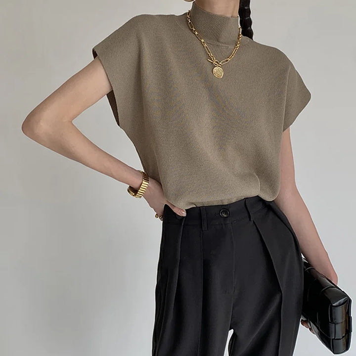 Fashion Vest Shirt Solid Stand-up Collar Knitted Sweater Short Sleeve Office Lady Loose Elegant All-Match Straight Tops