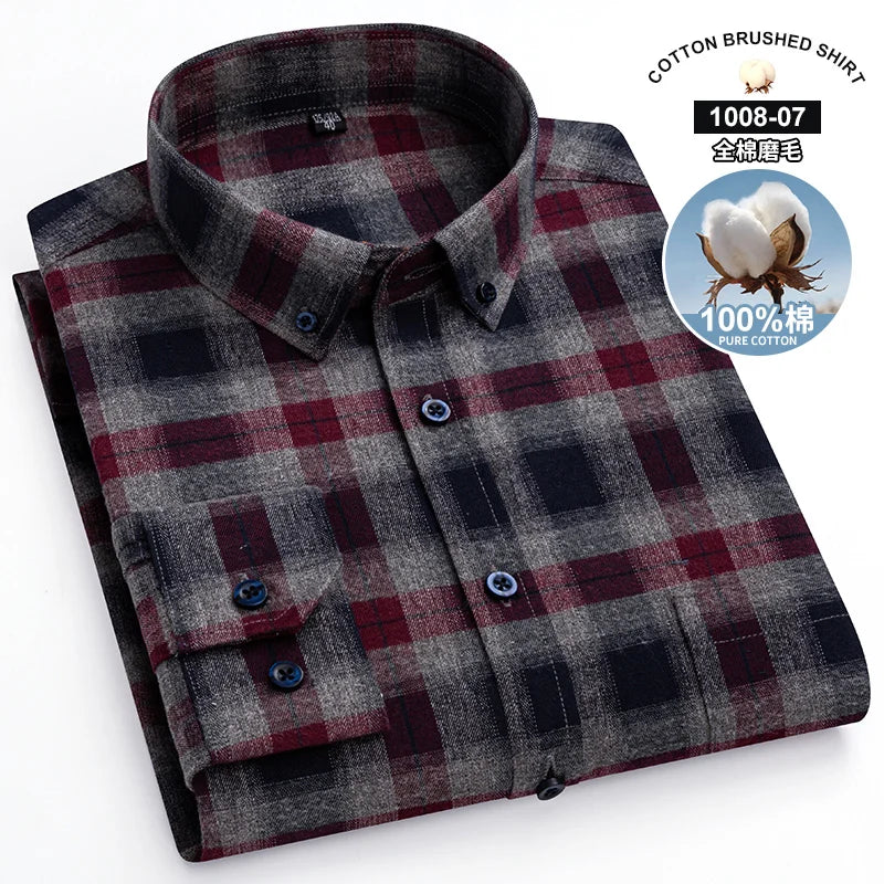 S~7Xl Large Size Men's Classic Brushed Plaid Long-Sleeved Shirt High-Quality Pure Cotton Casual All-Match Shirt Men's Clothing