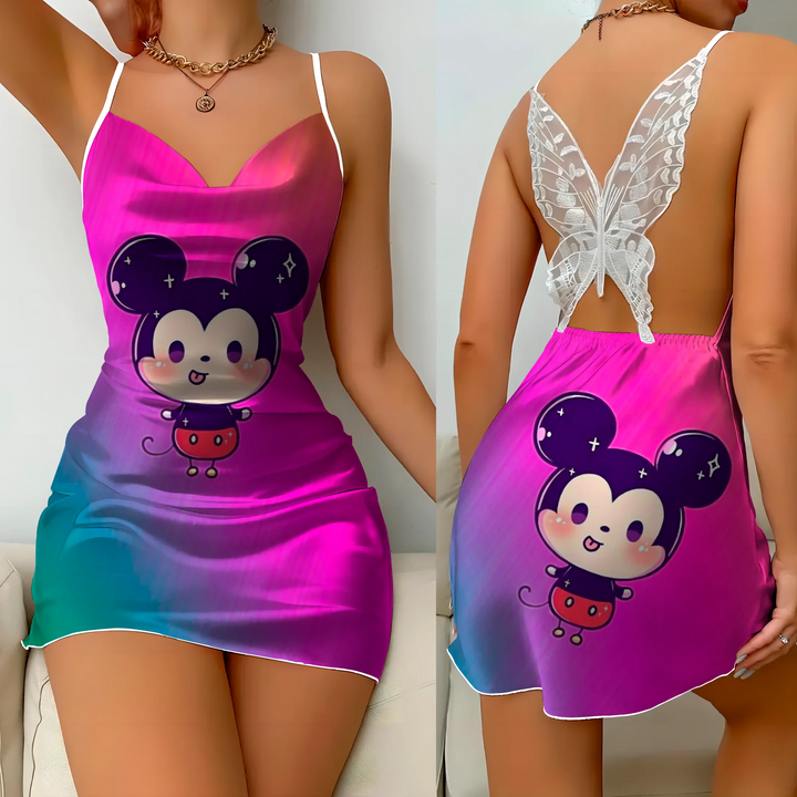 Mini Dress Pajama Skirt Bow Knot Party Dresses Satin Surface Minnie Mouse Disney Mickey Womens Fashion Summer 2024 Elegant Women