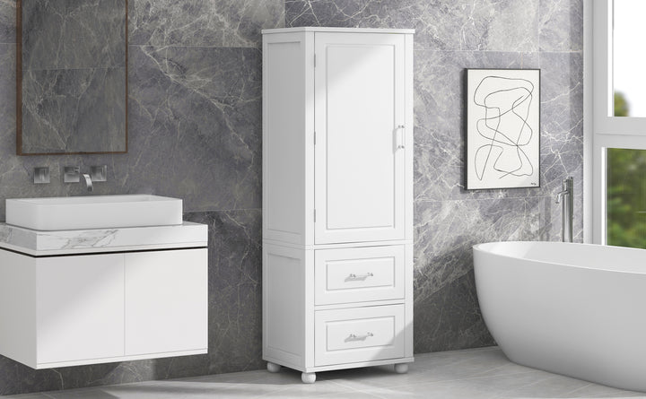 Tall bathroom storage cabinet with two drawers and adjustable shelves for independent storage