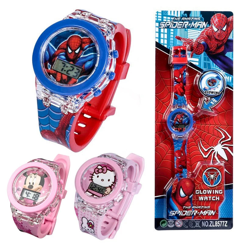 Flash Light Spiderman Kids Watches For Boys Cartoon Hello Kitty Mickey Children Watch Girls Student Clock Gifts free shipping