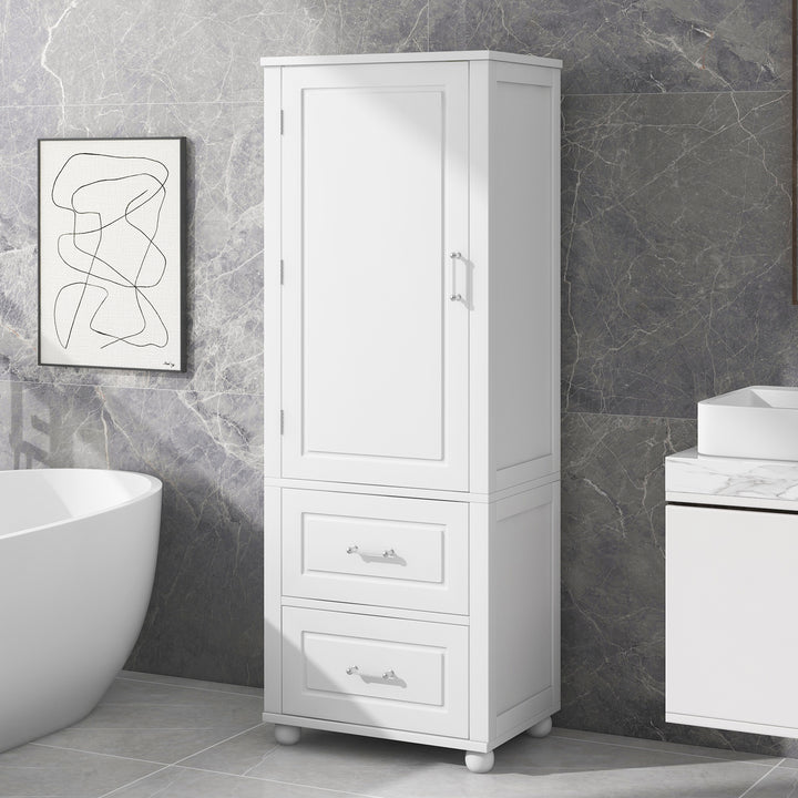 Tall bathroom storage cabinet with two drawers and adjustable shelves for independent storage