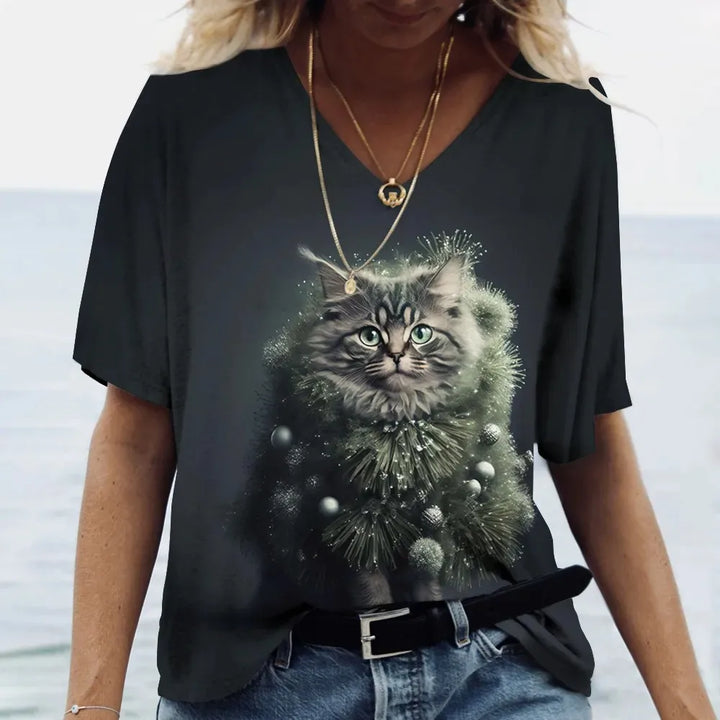 Fashion Women's T-shirt Cat Printed Short Sleeve Female Harajuku Tees Ladies T Shirt Oversized V-neck Tops Animal Women Clothing