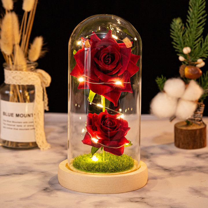 Gift Two Roses Glass Cover Ornament LED Light Simulation Immortal