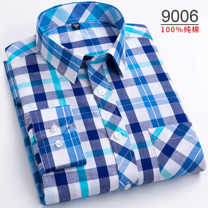 Plus Size S-8XL Men's Plaid Shirt Long Sleeve 100% Cotton Casual Slim Buttons Business Social Dress Shirts Blouse Men Clothing