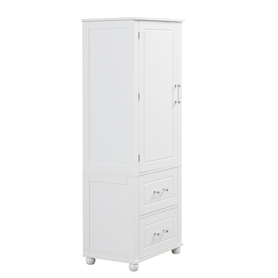 Tall bathroom storage cabinet with two drawers and adjustable shelves for independent storage