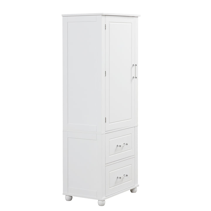 Tall bathroom storage cabinet with two drawers and adjustable shelves for independent storage