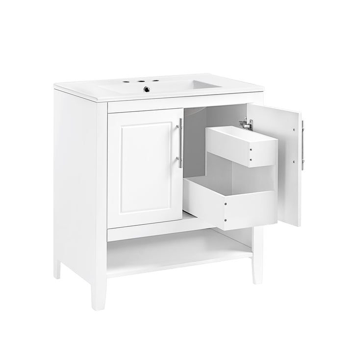 30" Bathroom Vanity with Sink  Multi-functional Bathroom Cabinet with Doors and Drawers Solid Frame and MDF Board, White