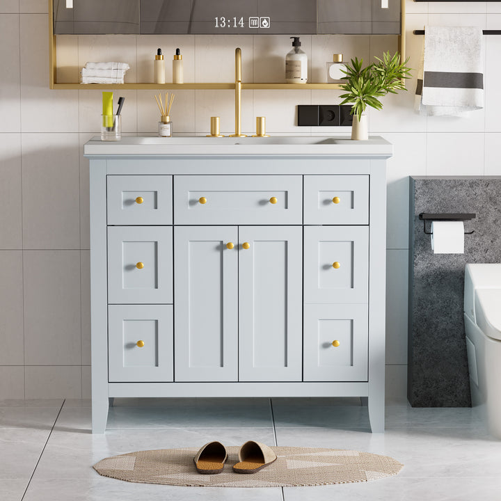 36 inch bathroom vanity with resin sink combination set with 6 drawers and 2 cabinets, storage cabinet vanity set, light blue