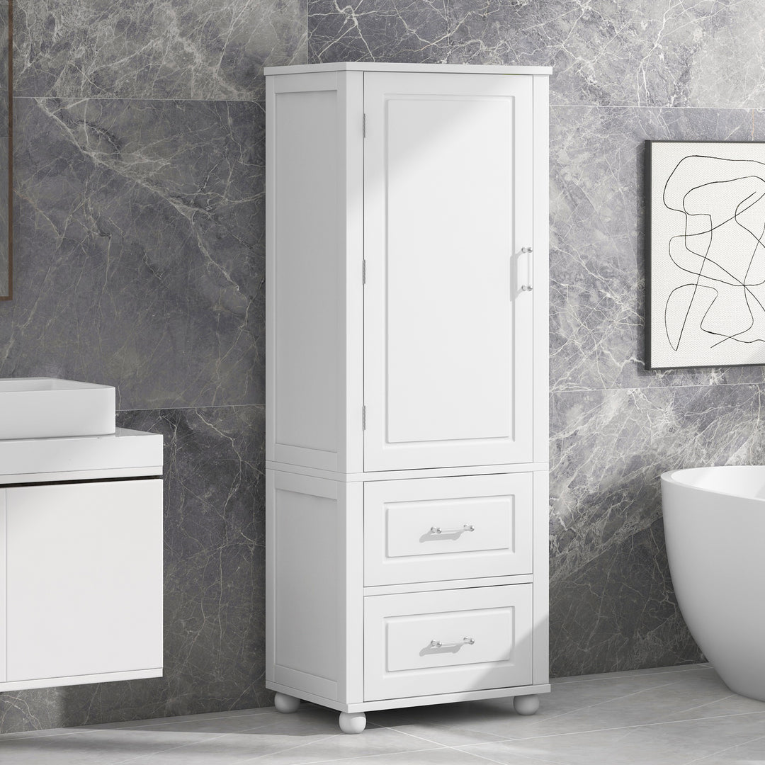 Tall bathroom storage cabinet with two drawers and adjustable shelves for independent storage