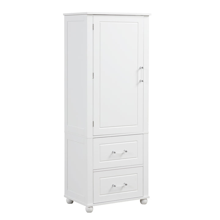 Tall bathroom storage cabinet with two drawers and adjustable shelves for independent storage