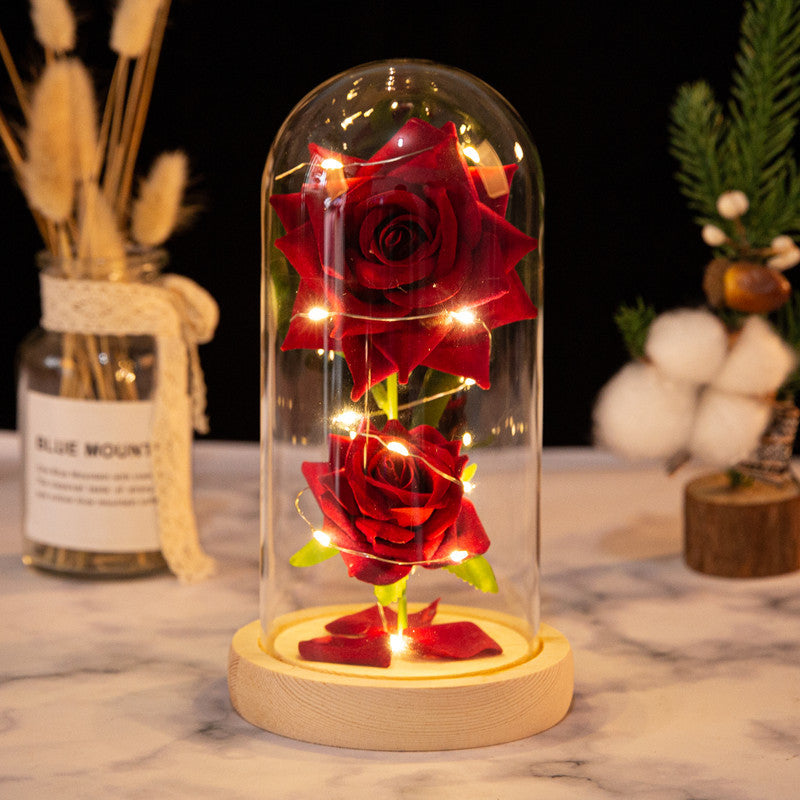 Gift Two Roses Glass Cover Ornament LED Light Simulation Immortal