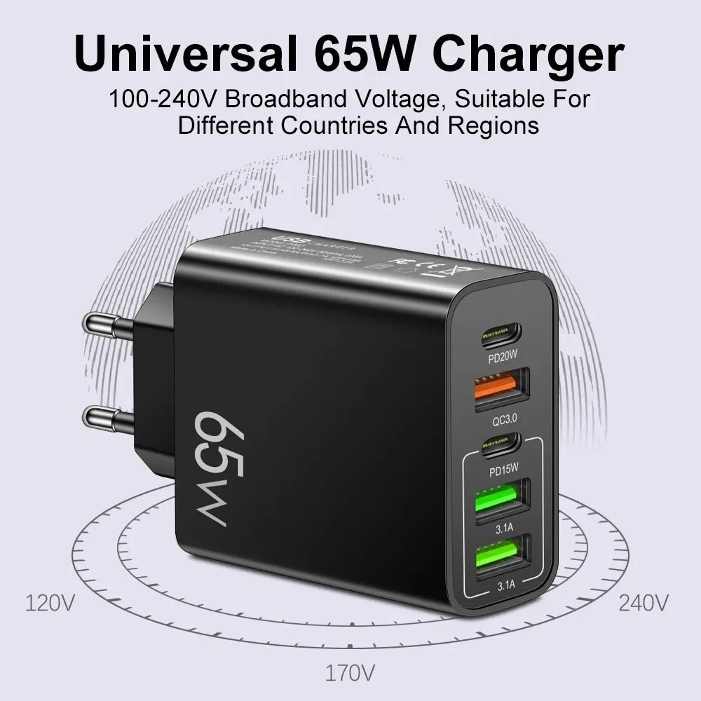 PD 20W USB Fast Charger 5Ports Total 65W USB C Charger Quick Charge 3.0Phone Adapter For iPhone15Pro Samsung Xiaomi Wall Charger