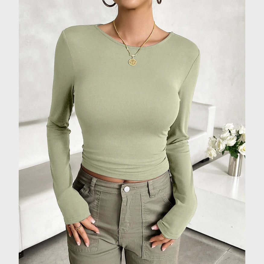 Women's Spring Fall New Fashion Solid Color Round Neck Long-Sleeved Slim Casual Pullover Basic Bottoming T-Shirt Y2K Street Tops