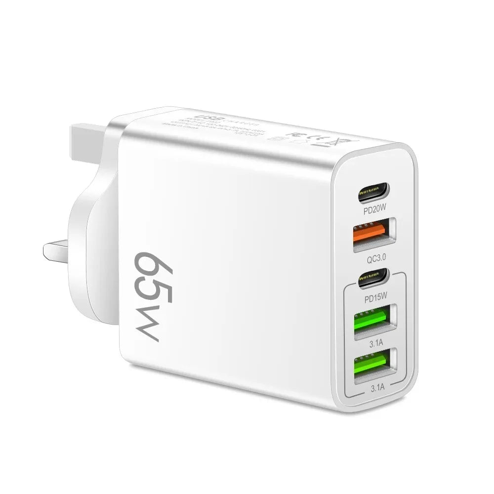 PD 20W USB Fast Charger 5Ports Total 65W USB C Charger Quick Charge 3.0Phone Adapter For iPhone15Pro Samsung Xiaomi Wall Charger