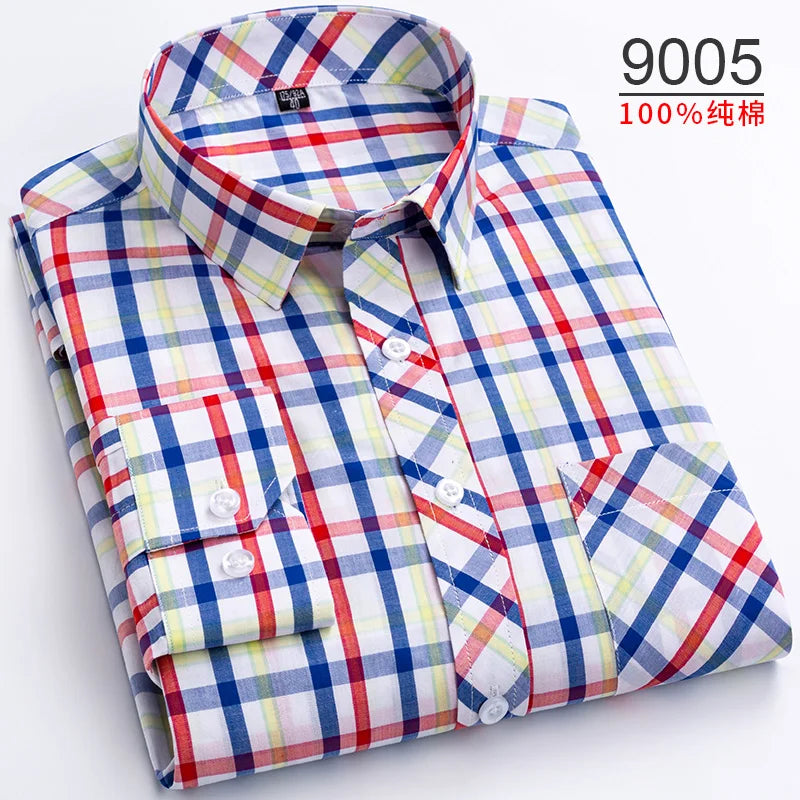 Plus Size S-8XL Men's Plaid Shirt Long Sleeve 100% Cotton Casual Slim Buttons Business Social Dress Shirts Blouse Men Clothing