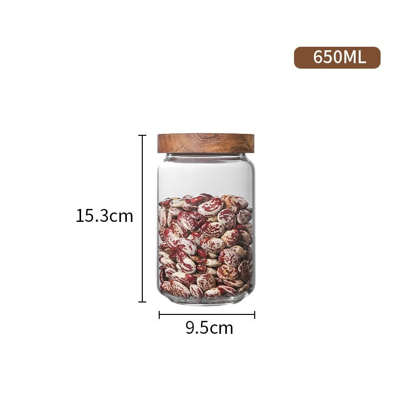 Kitchen Storage Wood Lid Glass Airtight Canister Bottles Jars Food Container Grains Tea Coffee Beans Grains Candy Jar Containers