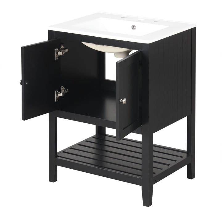 24 inch Modern Black Bathroom Cabinet With Ceramic Sink & Solid Wood Frame