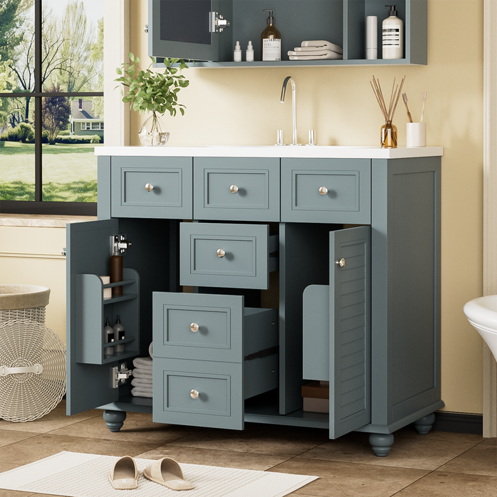 36 "bathroom makeup cabinet with resin sink combination and 2 drawers, with soft closing door, blue color