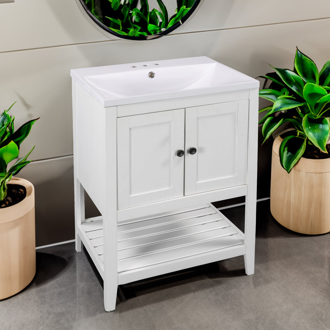 24 inch Bathroom Cabinet With Ceramic Sink & Solid Wood Frame