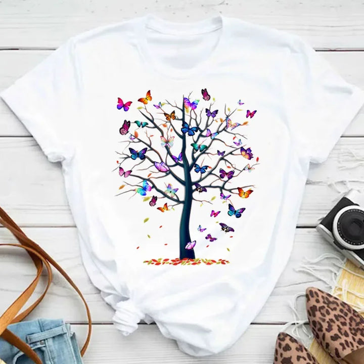 Women's Colorful Butterfly Petal Print T-Shirt, Short Sleeve, Round Neck, Cute Graphic Tee Shirts, Female Tops Clothes