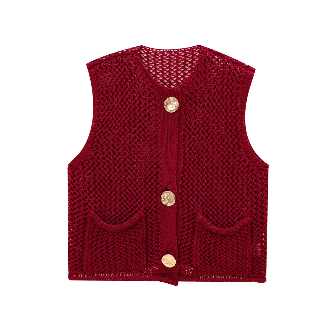 TRAF Women Fashion Sleeveless Coarse Needle Knitting Vest Sweater Female Chic Big Pockets Patch Buttons Cardigan Waistcoat Tops