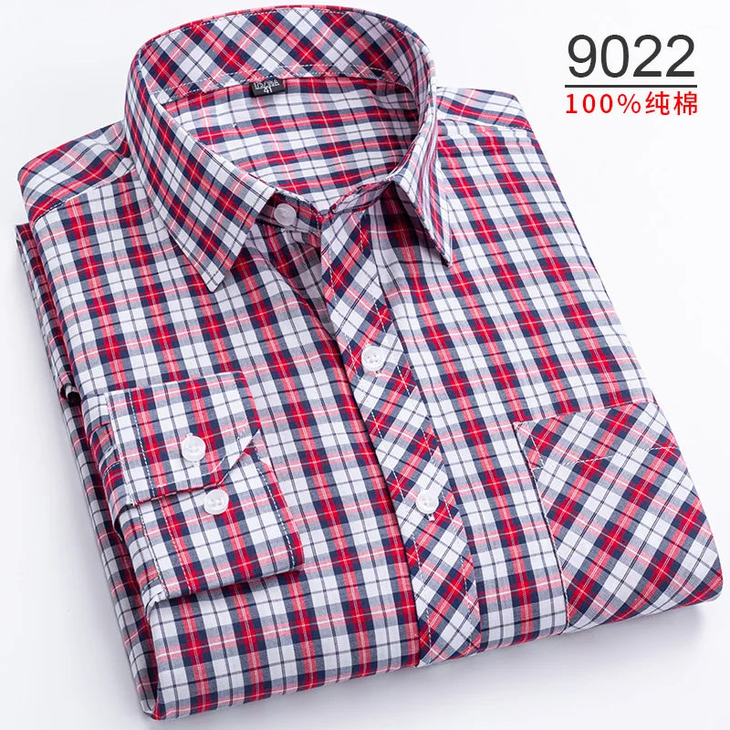 Plus Size S-8XL Men's Plaid Shirt Long Sleeve 100% Cotton Casual Slim Buttons Business Social Dress Shirts Blouse Men Clothing